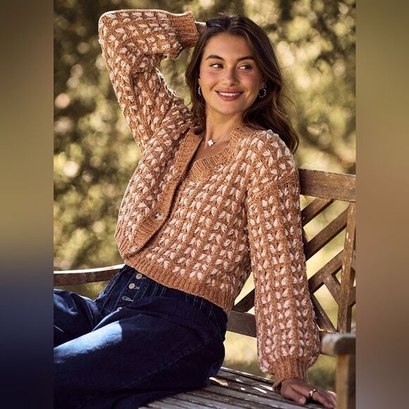 SO ME Soft Chenille Crochet Knit Button Down V-Neck Sweater Cardigan - Picture 3 of 10